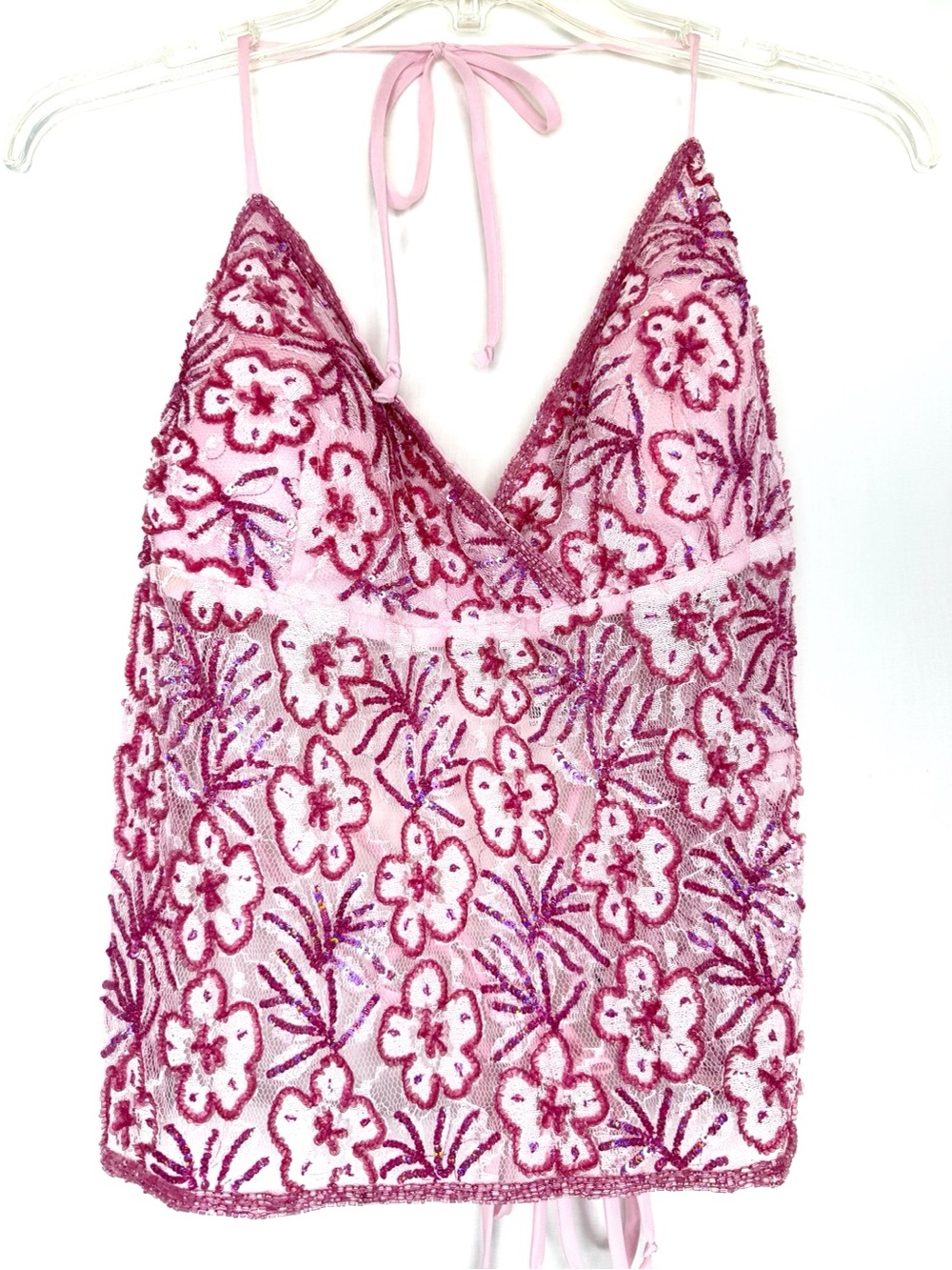 NEW-Vintage Passport Pink Floral Sheer Mesh Beaded Sequin Halter Open Back Top L